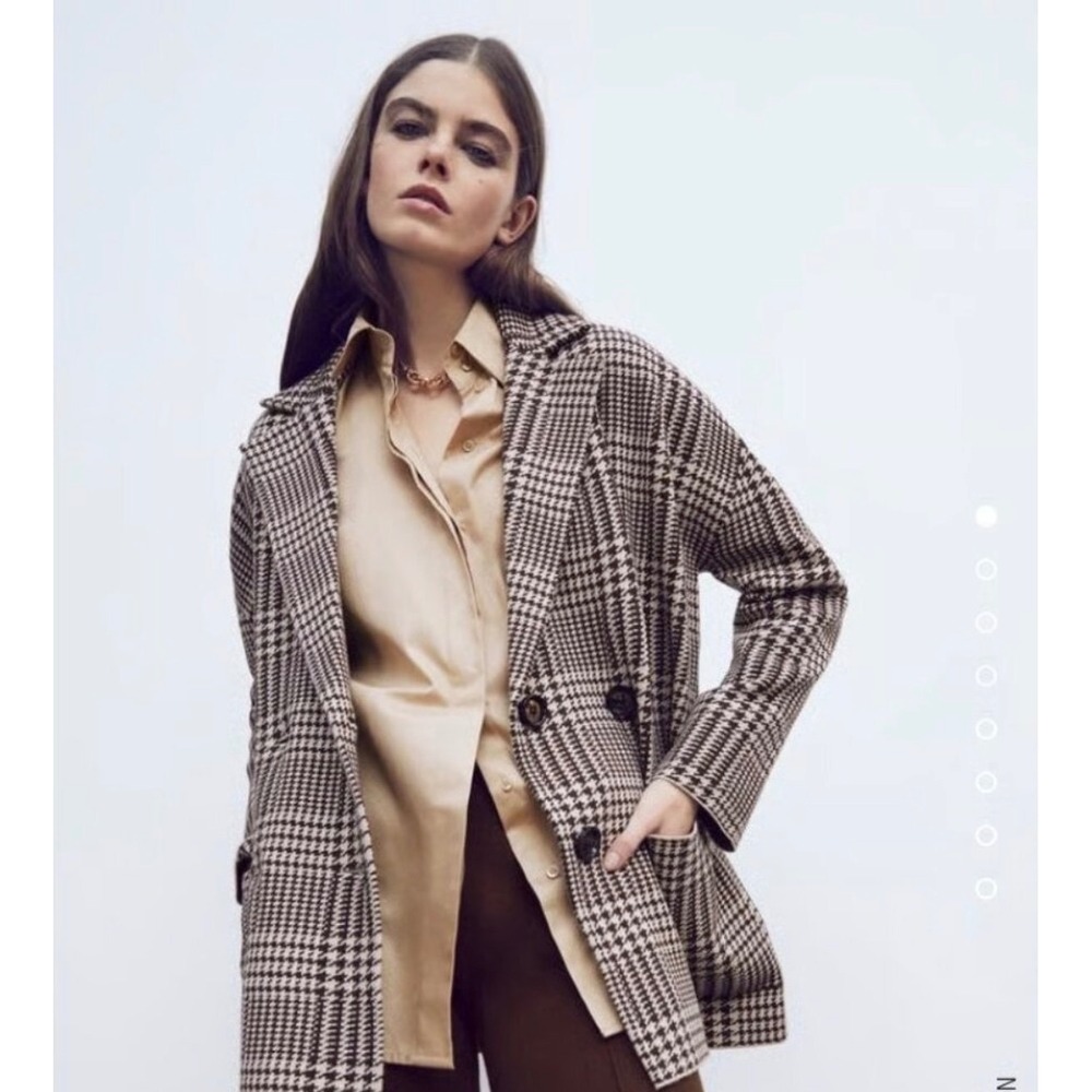 Zara Womens Brown Houndstooth Double Breasted Knit Coatigan Blazer Size M